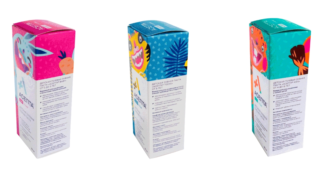 Asepta牙膏嬰兒兒童青少年包裝設(shè)計，松鼠兔子老虎動物插圖設(shè)計