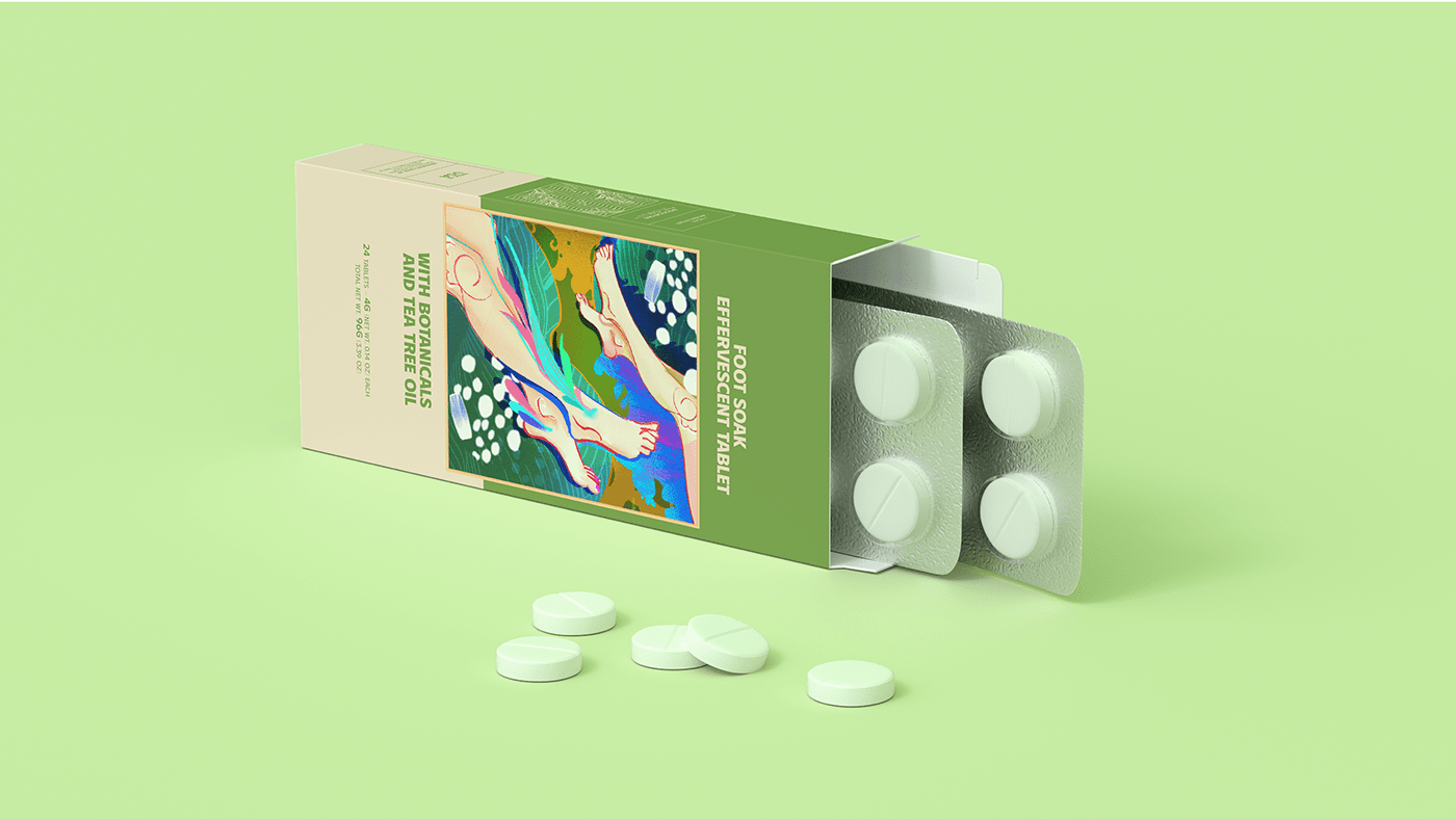 TABLETS 生姜精油泡騰片足浴包包裝設(shè)計(jì),虛實(shí)結(jié)合的腳部與草本插畫(huà) TABLETS 生姜精油泡騰片足浴包包裝設(shè)計(jì),虛實(shí)結(jié)合的腳部與草本插畫(huà)