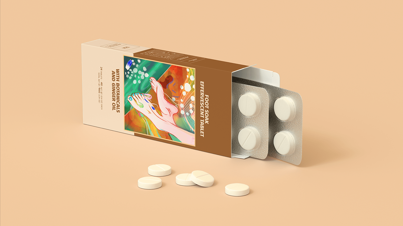TABLETS 生姜精油泡騰片足浴包包裝設(shè)計(jì),虛實(shí)結(jié)合的腳部與草本插畫(huà) TABLETS 生姜精油泡騰片足浴包包裝設(shè)計(jì),虛實(shí)結(jié)合的腳部與草本插畫(huà)