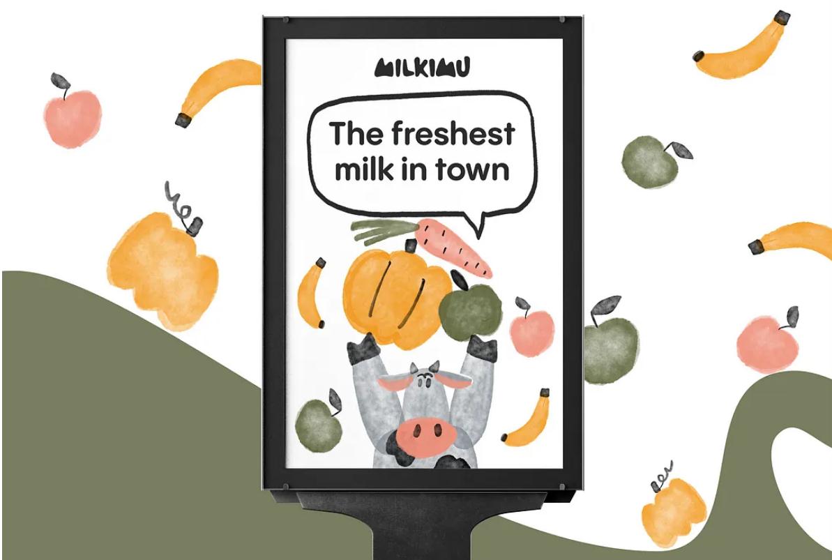 Milkimu牛奶乳制品品牌包裝設(shè)計和營銷圖形，可愛手繪卡通牛牛元素-廣告海報