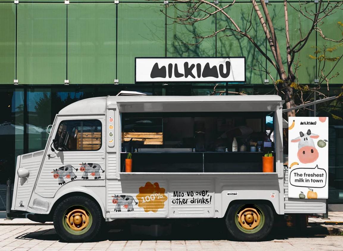 Milkimu牛奶乳制品品牌包裝設(shè)計和營銷圖形，可愛手繪卡通牛牛元素-品牌車涂裝設(shè)計