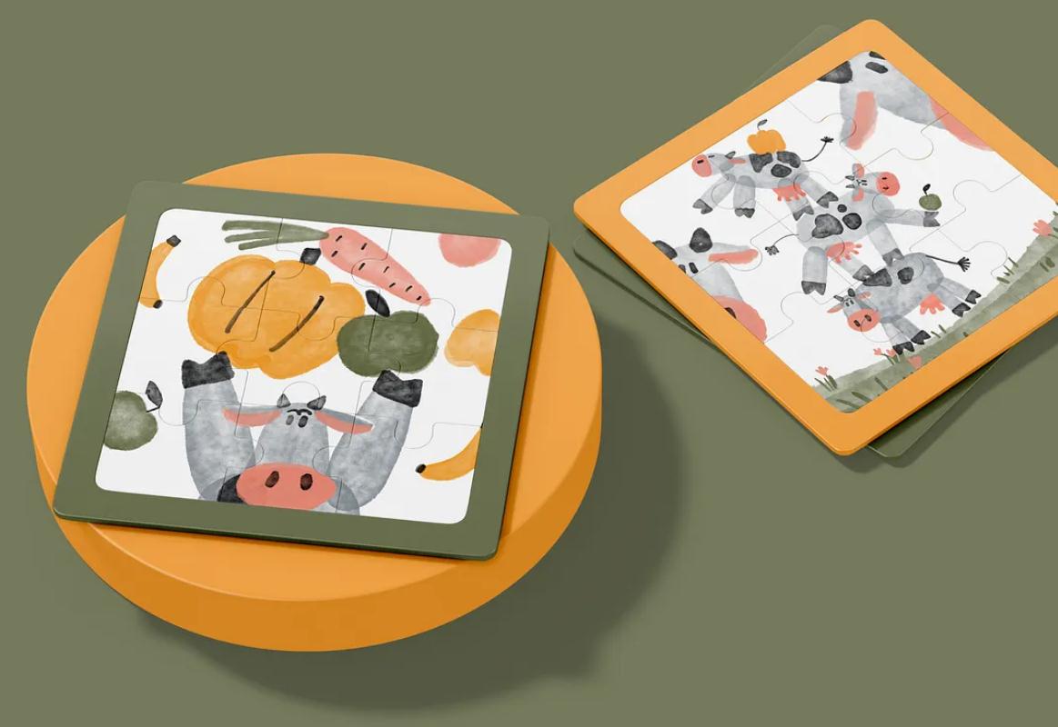 Milkimu牛奶乳制品品牌包裝設(shè)計和營銷圖形，可愛手繪卡通牛牛元素-拼圖杯墊設(shè)計 