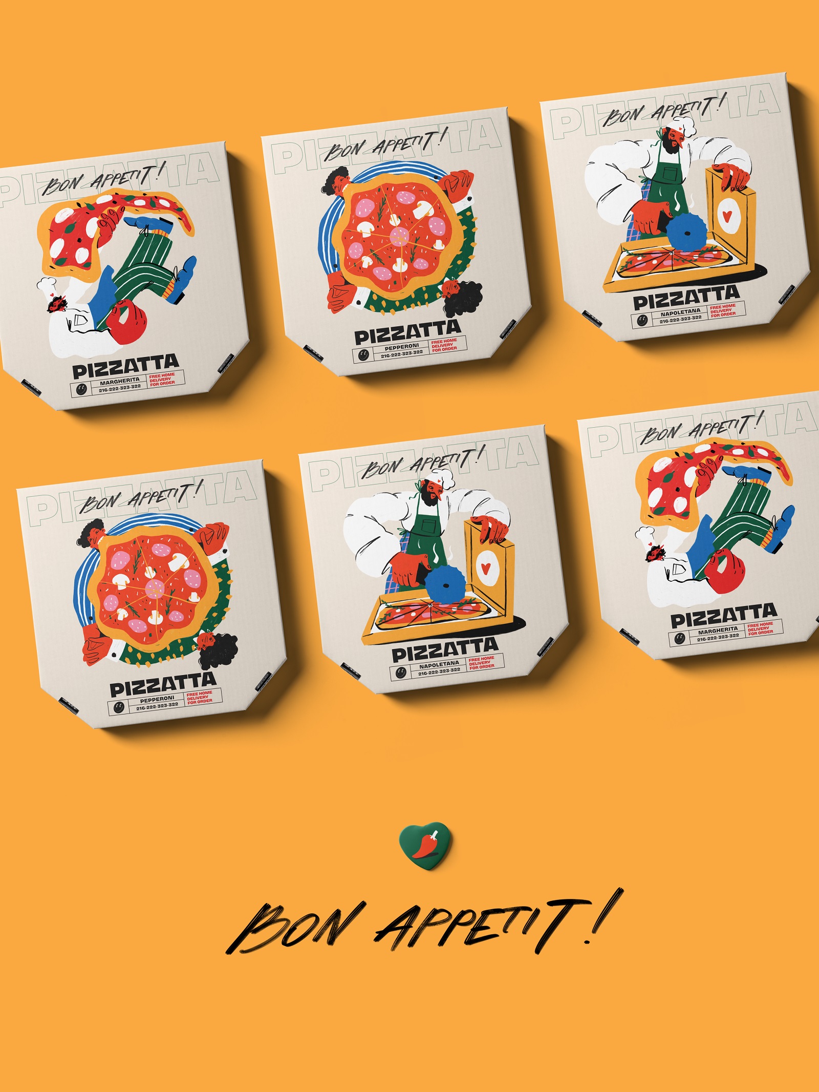 Pizzatta藝術插畫披薩品牌包裝設計，傳遞活力和歡快氛圍