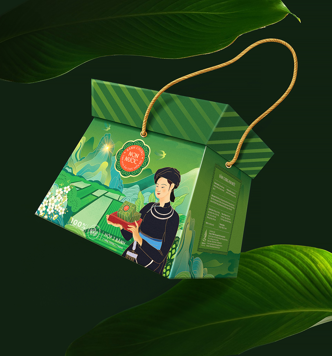 Non Nuoc高平板栗野豬肉粽子禮盒包裝設(shè)計(jì)，傳統(tǒng)岱族服飾少女+自然田園風(fēng)景插畫