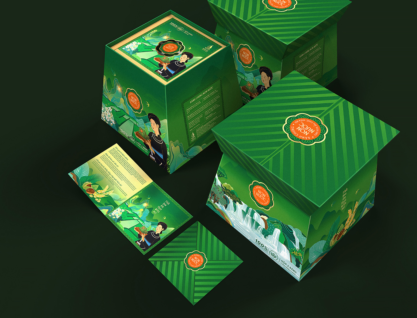 Non Nuoc高平板栗野豬肉粽子禮盒包裝設(shè)計(jì)，傳統(tǒng)岱族服飾少女+自然田園風(fēng)景插畫