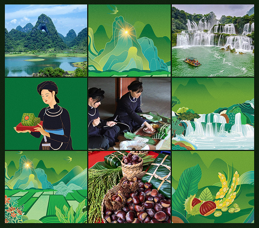 Non Nuoc高平板栗野豬肉粽子禮盒包裝設(shè)計(jì)，傳統(tǒng)岱族服飾少女+自然田園風(fēng)景插畫