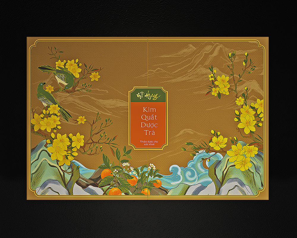 Mi Hyang“美香”小青柑金橘藥茶禮盒包裝設(shè)計。中式風格花鳥插畫