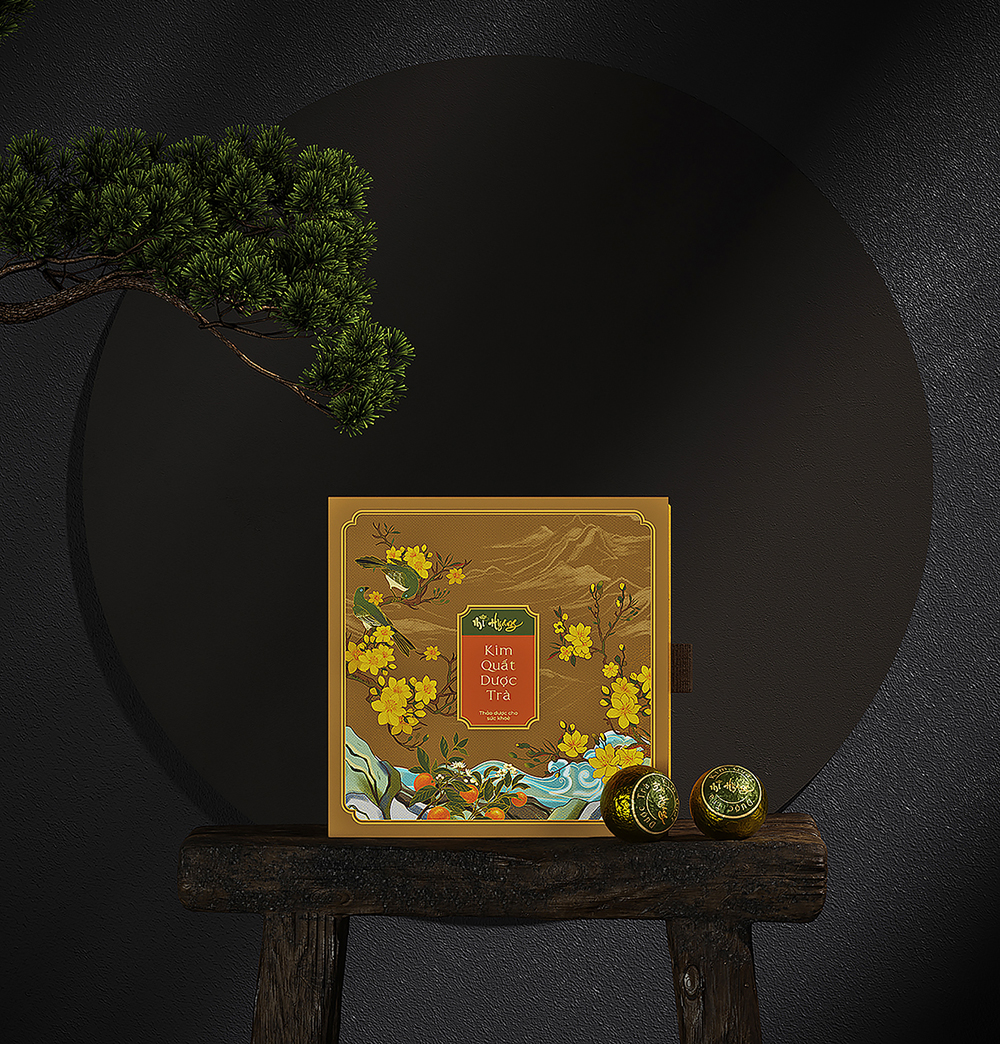 Mi Hyang“美香”小青柑金橘藥茶禮盒包裝設(shè)計。中式風格花鳥插畫