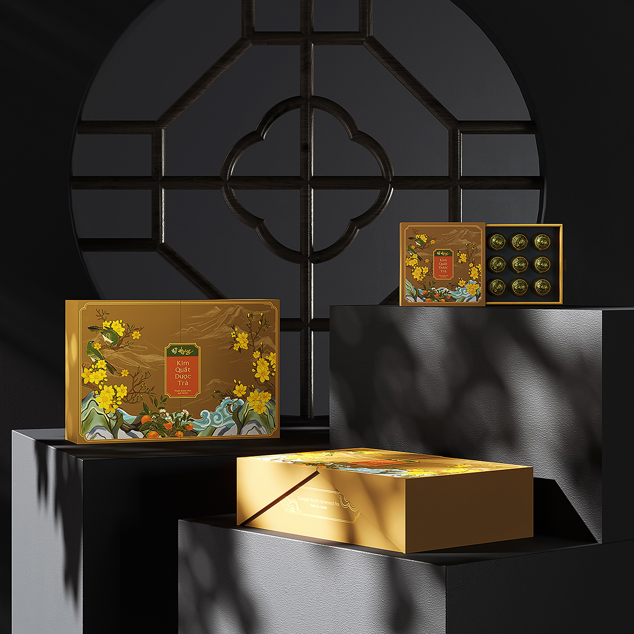 Mi Hyang“美香”小青柑金橘藥茶禮盒包裝設(shè)計。中式風格花鳥插畫