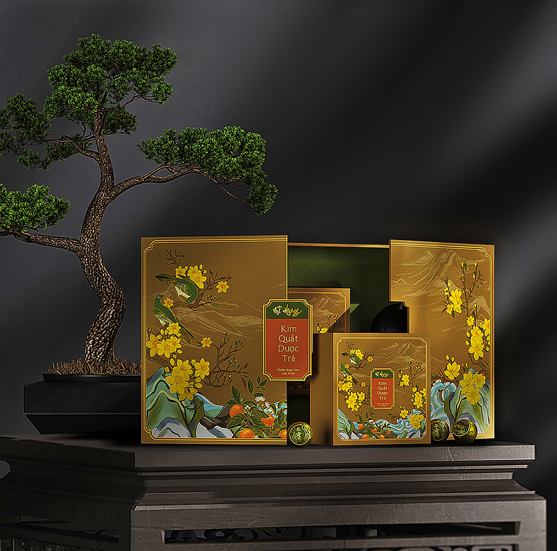 Mi Hyang“美香”小青柑金橘藥茶禮盒包裝設(shè)計。中式風格花鳥插畫