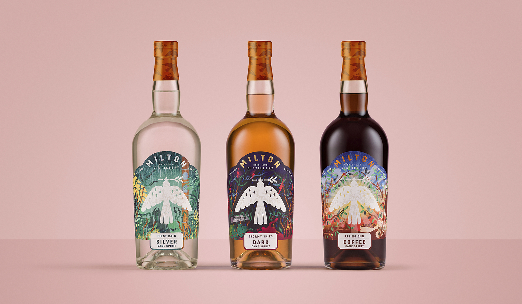 米爾頓酒廠朗姆酒標(biāo)簽包裝設(shè)計(jì)，噪鵑鳥核心識(shí)別元素統(tǒng)領(lǐng)所有包裝架構(gòu)